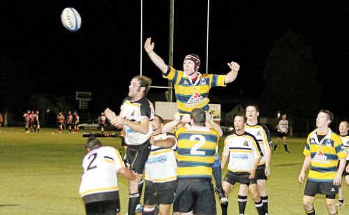 Turtles flanker Brendon McKeown is a little slow in this lineup contest with Falcons Andrew Nielsen flying high ready to tap the ball. Turtles flanker Brendon McKeown is a little slow in this lineup contest with Falcons Andrew Nielsen flying high ready to tap the ball.